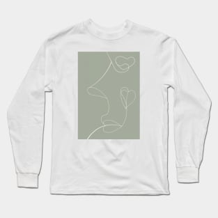 Continuous Line Art Face Drawing, Floral Shapes, Sage Green Long Sleeve T-Shirt